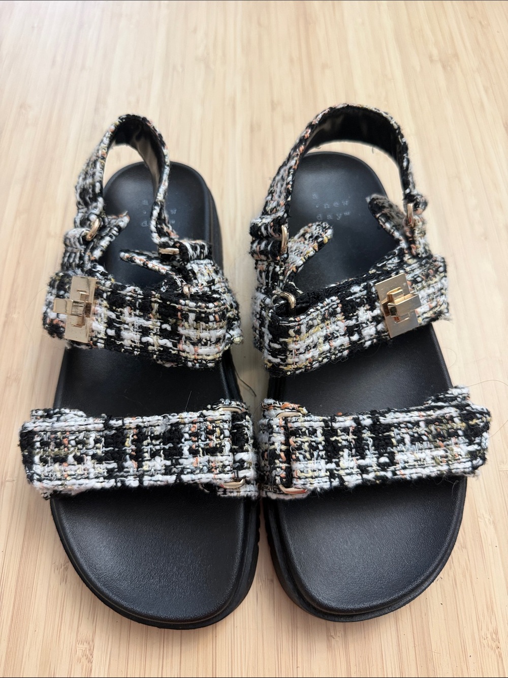 A New Day Black Tweed Strappy Sandals with Gold Buckles